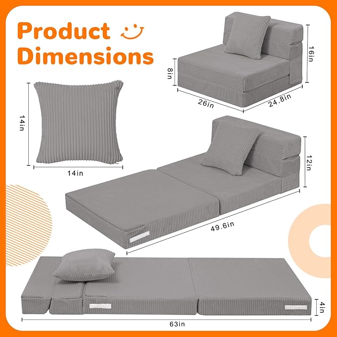 MeMoreCool Folding Sofa for Kids, Corduroy Fold Out Futon Chair, Small Foldable Floor Mattress, Portable Children Couch Sofa, Light Grey