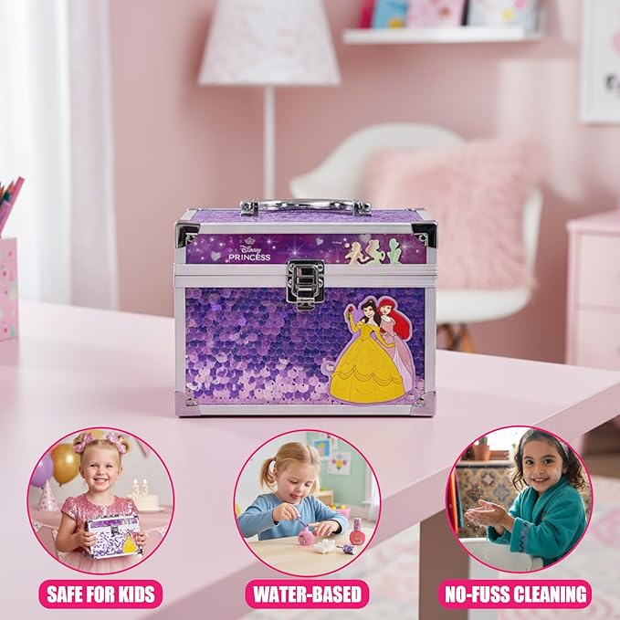 Disney Princess Train Case Beauty Set, Kids Makeup Kit for Girls, Real Washable Makeup Set, Play Makeup, Party Favor, Birthday, Ages 3 4 5 6 7 8 9 10 11 12 by Townley Girl