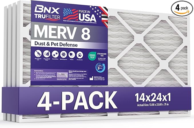 BNX TruFilter 14x24x1 Air Filter MERV 8 (4-Pack) - MADE IN USA – Dust & Pet Defense Air Conditioner HVAC AC Furnace Filters for Dust, Pet, Mold, Pollen MPR 600 – 700 & FPR 5