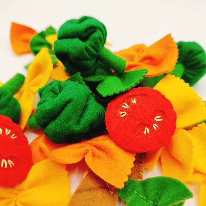 Pasta with broccoli, farfalle, bow tie pasta, felt play food for kids kitchen, pretend play for kids (tri-colors, set 1 (farfalle, broccoli, chicken, tomatoes, basil))
