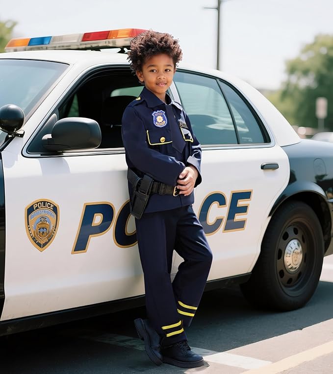 LOYO Police Costume for Kids - Boys Police Officer Costume with Light Up Hat, Halloween Kids Cop Uniform Dress Up Ages 3-12(XL,10-12 Years)