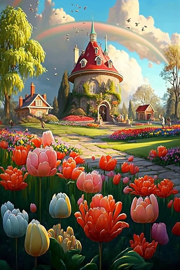 Flower Landscape Diamond Painting Kits Tulip Park Diamond Painting - Full Round Diamond Crystal Kits for Adults and Children, for Wall Decor & Restaurant Decor (12 X 16 Inch)