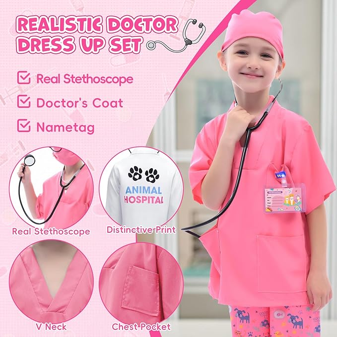 G.C Kids Veterinarian Costume Toddler Doctor Kit Scrubs Doctor Vet Costume Play Set Boys Girls Halloween Dress Up Career Day
