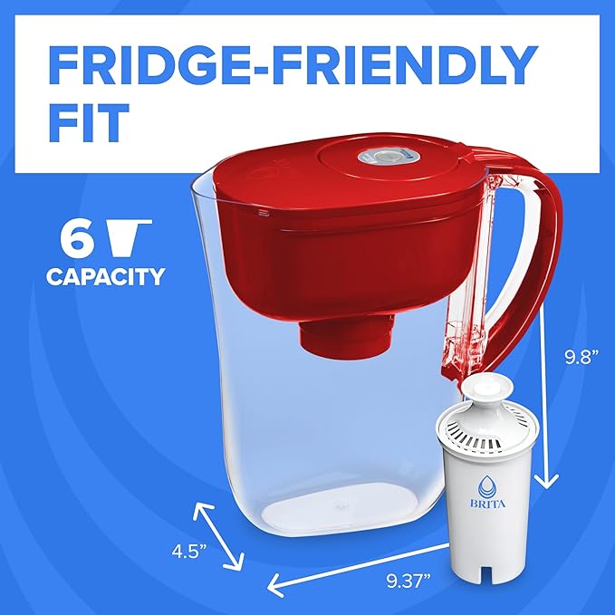 Brita Metro Water Filter Pitcher with SmartLight Change Indicator, BPA-Free, Replaces 1,800 Plastic Water Bottles a Year, Lasts Two Months, Includes 1 Filter, Small - 6-Cup Capacity, Fiery Red
