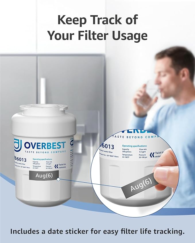 Overbest OB6013 Replacement for GE® MWF®, Smartwater® MWFP, MWFA, GWF, HDX FMG-1, WFC1201, GSE25GSHECSS, Kenmore® 9991, RWF1060 Water Filter, 3 Filters