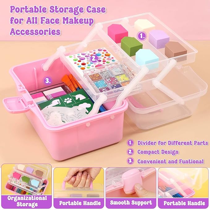 Kids Face Painting Kit with Organizer Box - Rainbow Color Non Toxic & Washable Face Paint Set with Stencils, Brush & Gems Kids Party Makeup for Halloween, Carnival & Costume