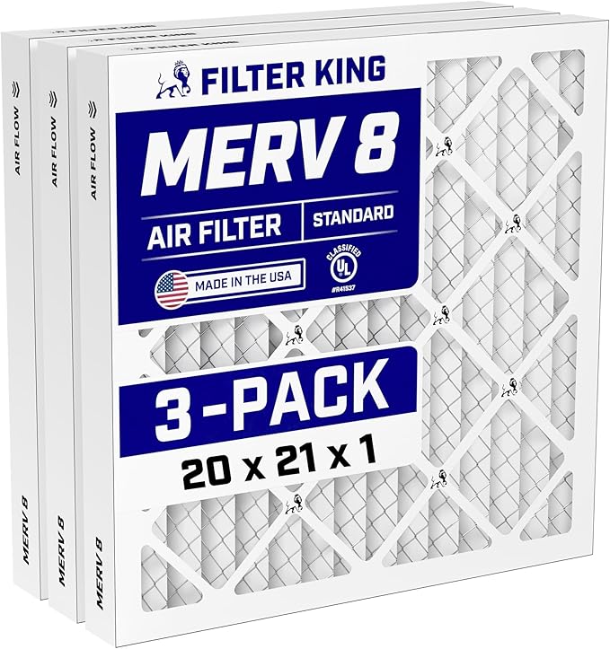 Filter King 20x21x1 Air Filter (MERV 8) (3-Pack) Dust & Allergy Control AC Furnace Filters, MADE IN USA, HVAC, Pleated, Electrostatic (Actual Size: 20 x 21 x .75)