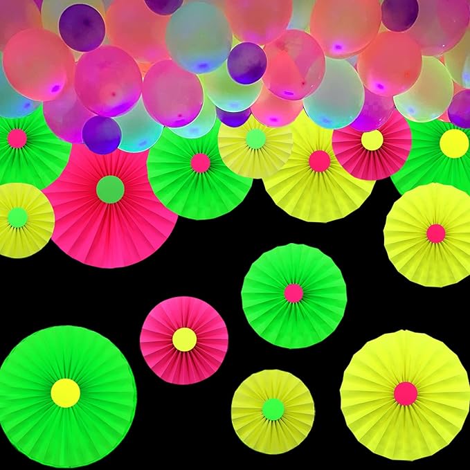 6Pcs UV Neon Hanging Paper Fans - Flowers Glow Paper Fans - Party Supplies and Decorations - Glow in The Dark Blacklight Reactive Fluorescent Black Light Kit - Neon Party for Birthday Wedding