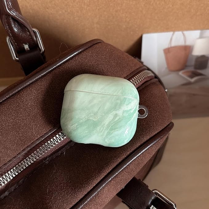 Marble Green AirPods 4 Case for Women, Fashion Shockproof TPU Protective Cover with Adjustable Neck Strap & Hand Strap, Cute Travel Accessories Compatible with AirPods 4/4 Noise Cancelling