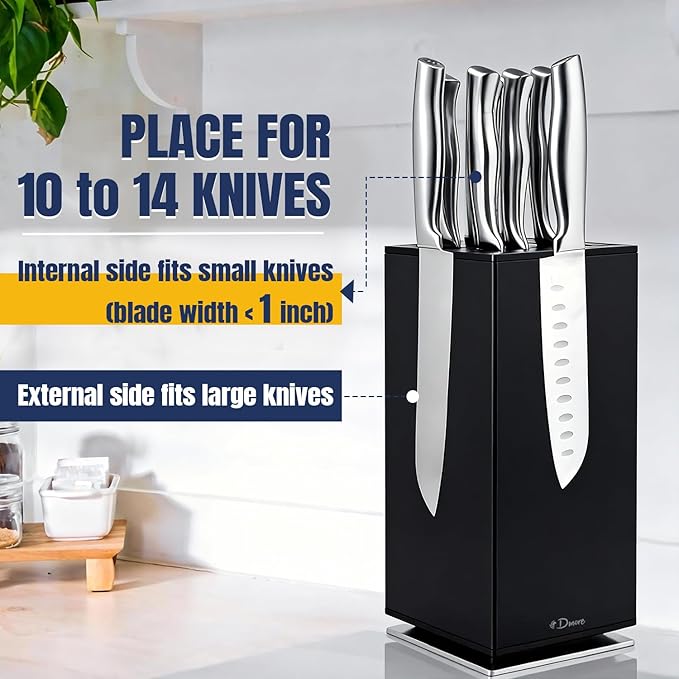 Dmore magnetic knife block without knives, 360° rotatable black magnet knife holder stand made of stainless steel, Extra Large capacity knife storage for knives and utensils for kitchen counter top
