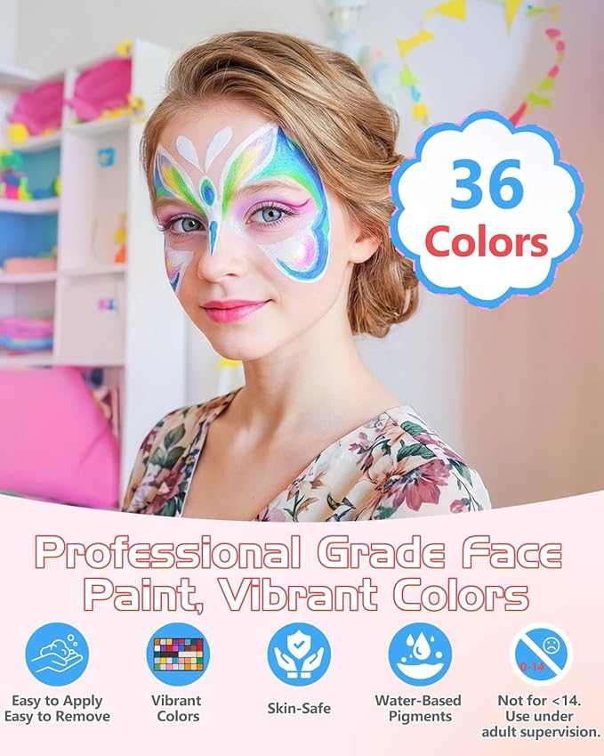 Lictin Water Based Face Paint - 36 Colors Professional Face Painting Kit (20 Classic Colors+8 Metal Colors+8 UV Glow Colors), Halloween Makeup Kit for Adults and Kids