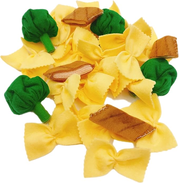 Pasta with broccoli, farfalle, bow tie pasta, felt play food for kids kitchen, pretend play for kids (beige, set 3 (farfalle, broccoli, chicken))