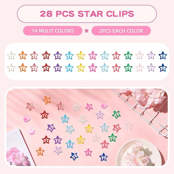 28Pcs Star Hair Clips Y2K Polka Dot Cute Star Hair Clips for Women Snap Metal Stars Barrettes for Long Short Curly Thin Thick Hair Bulk Colorful Kawaii Hair Accessories for Girls Styling Tools