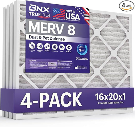 BNX TruFilter 16x20x1 Air Filter MERV 8 (4 Pack) - MADE IN USA – Dust & Pet Defense Electrostatic Pleated Air Conditioner HVAC AC Furnace Filters for Dust, Pet, Mold, Pollen MPR 600 – 700 & FPR 5