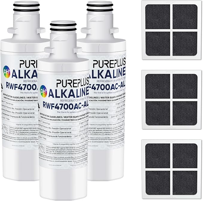 PUREPLUS Alkaline ADQ747935 Replacement for LG LT1000P LT1000 Kenmore Elite 9980 LT1000PC, MDJ64844601 ADQ74793501, LMXS28626S, LFXS26973S, LT120F Refrigerator Water and Air Filter,3Pack