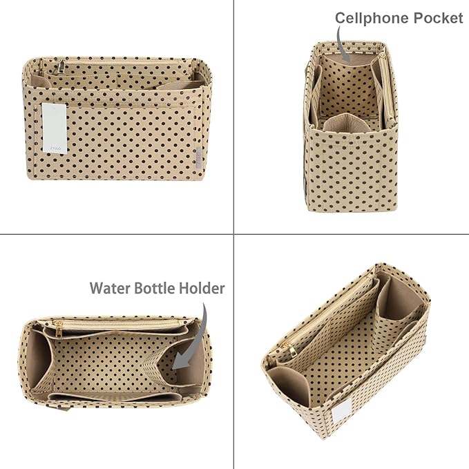 Purse Organizer Insert For Handbags, Silky Touching Bag Organizer Insert With Bottle Holder, Perfect for Speedy, Neverfull, Tote,ONTHEGO ,Artsy,Handbag and More (Slender Large,Brown polk dots Beige)