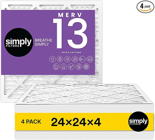 Simply 24x24x4 Air Filter, MERV 13, 4 Pack, Furnace Air Filter for HVAC (Actual Size: 23.5"x23.5"x3.63") DUST, Pet & Allergy Control