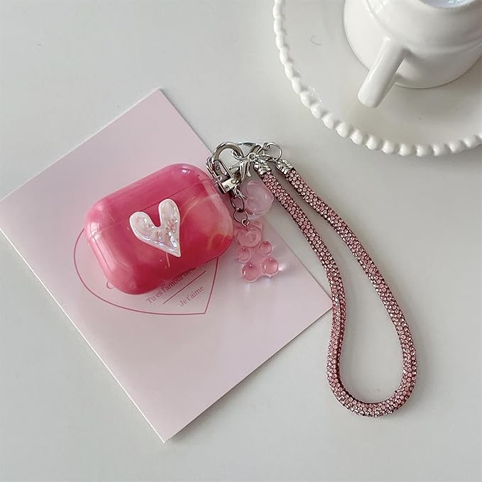 Pink Marble with 3D Raised Heart Silicone Case for AirPods Pro 3 (2025) - Cute Shockproof Cover with Detachable Long Neck Lanyard, Travel Keychain, MagSafe Compatible,for Women