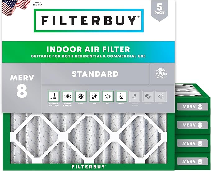 Filterbuy 25x25x2 Air Filter MERV 8 Essential Dust & Allergy Defense (5-Pack), Electrostatic Pleated HVAC AC Furnace Filters Replacement (Actual Size: 24.50 x 24.50 x 1.75)