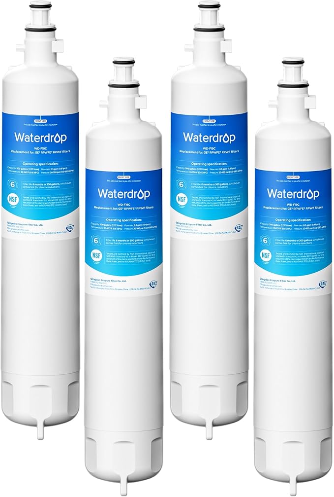 Waterdrop Replacement for GE® RPWFE®, RPWF (Built-in CHIP) Refrigerator Water Filter, Compatible with GFE28GYNFS, GFE28GELDS, PFE28KELDS, PFE28KYNFS, GFD28GELDS, PWE23KELDS, 4 Filters