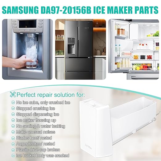 Upgraded DA97-20156B Ice Maker Replacement Compatible with Samsung Refrigerator DA97-20156A Ice Container, Ice Bucket Tray w/Latch Plate fit Model RF28HMEDBSR, RF27T5241SG, RF28R6301SG Ice Bin