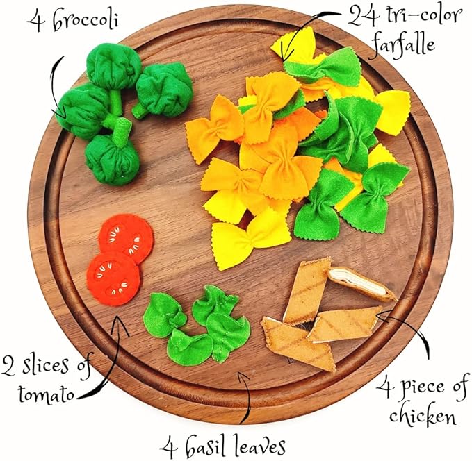 Pasta with broccoli, farfalle, bow tie pasta, felt play food for kids kitchen, pretend play for kids (tri-colors, set 1 (farfalle, broccoli, chicken, tomatoes, basil))