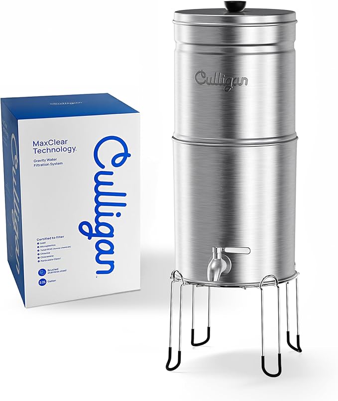 Culligan MaxClear 2.25 Gallon Gravity Water Filter System, Brushed Stainless-Steel Countertop Water Filter NSF/ANSI Certified to Reduce Microplastics, Lead & Total PFAS, with 2 Ceramic Filters