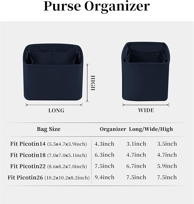 Purse Organizer Insert for Picotin 18/22, Satin Bag Organizer for Picotin Bags, Lightweight Purse Essentials for Women Luxury Handbags, Soft Touch Inner Liner with Multiple Pockets (Blue nuit, PC18)