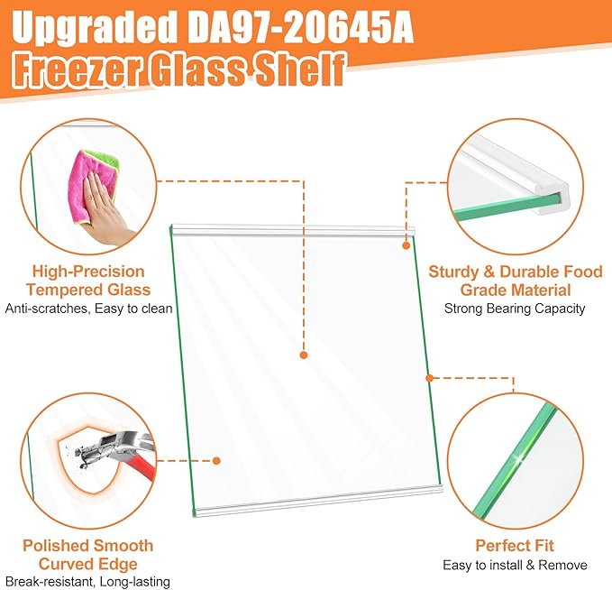 Upgraded DA97-20645A Freezer Glass Shelf Compatible with Samsung Fridge Shelf Replacement RS27T5200SR Refrigerator Glass Shelf For Samsung Refrigerator Parts Replacement Freezer Shelves Tempered Glass