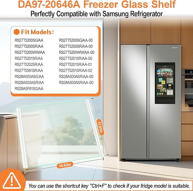 UPGRADED DA97-20646A Freezer Glass Shelf Compatible with Samsung Refrigerator Freezer Shelf Lower RS27T5200SR RS27T5201SR RS27T5561SR Fit Bottom Freezer Drawer Samsung Refrigerator Shelf Replacement