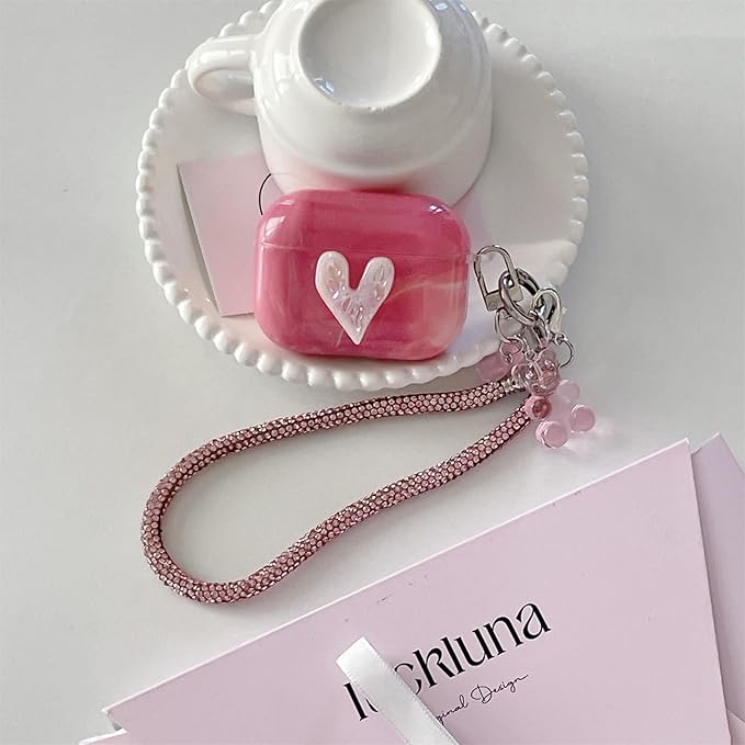 Pink Marble with 3D Raised Heart Silicone Case for AirPods Pro 3 (2025) - Cute Shockproof Cover with Detachable Long Neck Lanyard, Travel Keychain, MagSafe Compatible,for Women