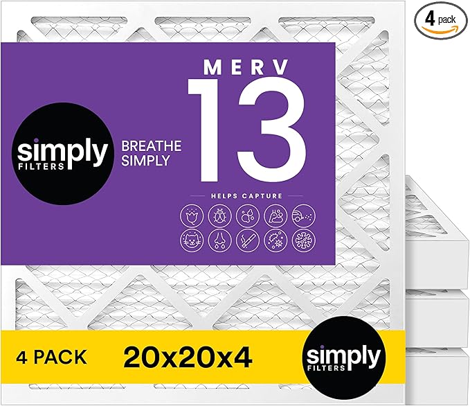 Simply 20x20x4 Air Filter, MERV 13, 4 Pack, Furnace Air Filter for HVAC (Actual Size:19.5"x19.5"x3.63") DUST, Pet, & Allergy Control