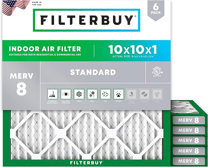Filterbuy 10x10x1 Air Filter MERV 8 Essential Dust & Allergy Defense (6-Pack), Electrostatic Pleated HVAC AC Furnace Filters Replacement (Actual Size: 9.50 x 9.50 x 0.75)