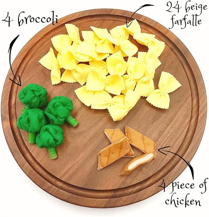 Pasta with broccoli, farfalle, bow tie pasta, felt play food for kids kitchen, pretend play for kids (beige, set 3 (farfalle, broccoli, chicken))
