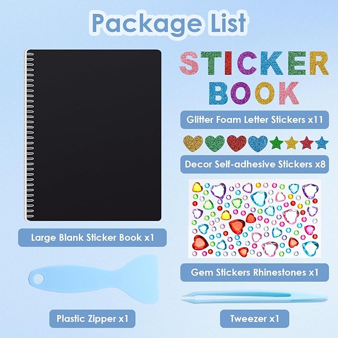 UFU Large Reusable Sticker Book Collecting Album, 8.5×11 Inch Sticker Storage Collection Organizer Book with 40 Sheets Blank Release Paper, Letter & Gem Cover Stickers and Tools