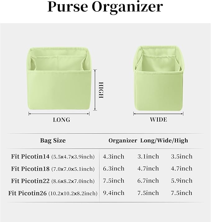 Purse Organizer Insert for Picotin 18/22, Satin Bag Organizer for Woman, Soft & Lightweight Purse Essentials, Ideal for Travel, Shopping, and Daily Use, Multiple Pockets(PC 18,Vert Criquet)