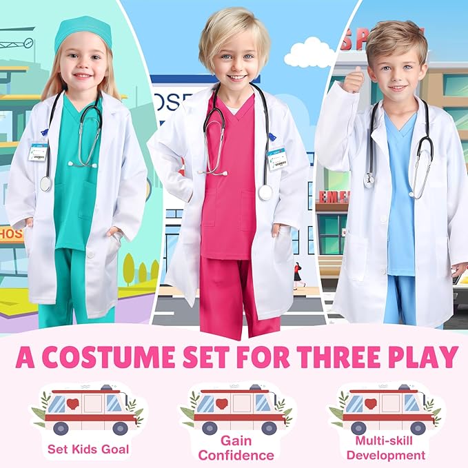 GIFTINBOX Doctor Costume for Kids Doctor Lab Coat for Kids Real Stethoscope, Girls Halloween Costumes for Kids age 3-11