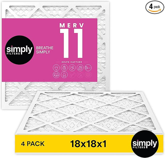 Simply 18x18x1 Air Filter, MERV 11, 4 Pack, For Home AC Furnace & HVAC (Actual Size: 17.75"x17.75"x0.75") DUST, Pet, & Allergy Control