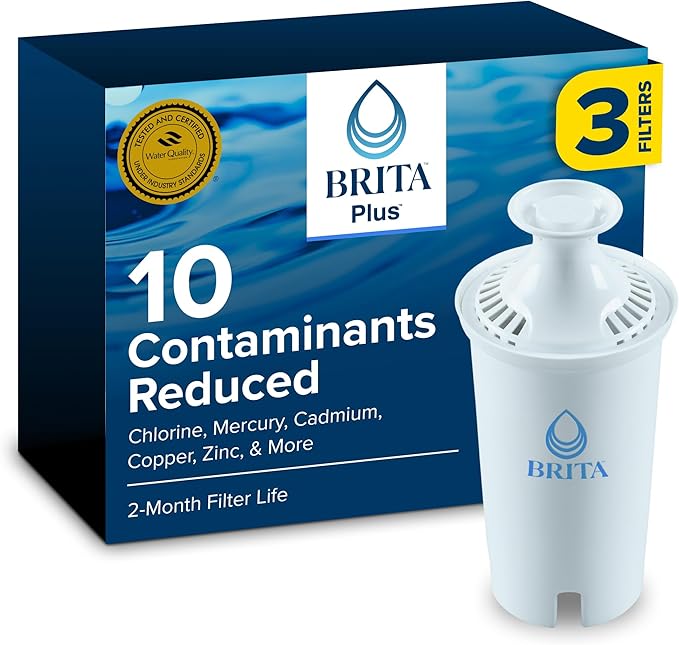 Brita Plus Water Filter, BPA-Free, High-Density Replacement Filter for Pitchers and Dispensers, Reduces 2x Contaminants*, Lasts Two Months or 40 Gallons, Includes 3 Filters