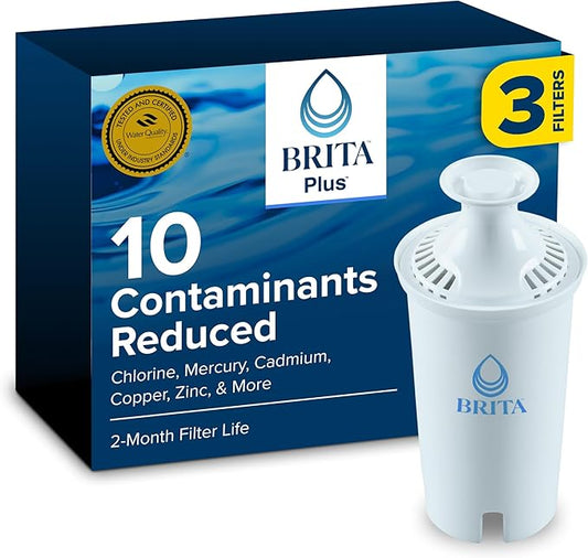 Brita Plus Water Filter, BPA-Free, High-Density Replacement Filter for Pitchers and Dispensers, Reduces 2x Contaminants*, Lasts Two Months or 40 Gallons, Includes 3 Filters