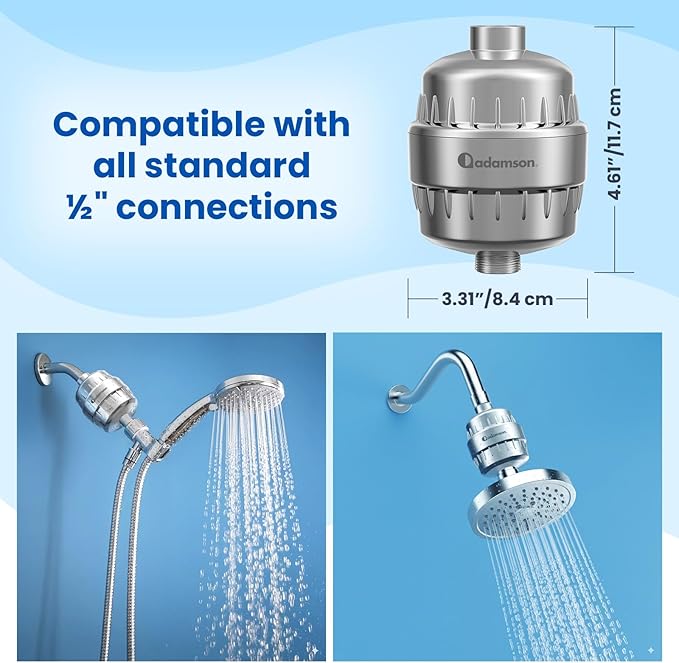 Adamson Shower Filter for Hard Water – 36-Stage Filtered Shower Head, Helps Reduce Chlorine – Supports Healthier Skin & Hair – High Output – Easy Tool-Free Install – Extra Cartridge Included