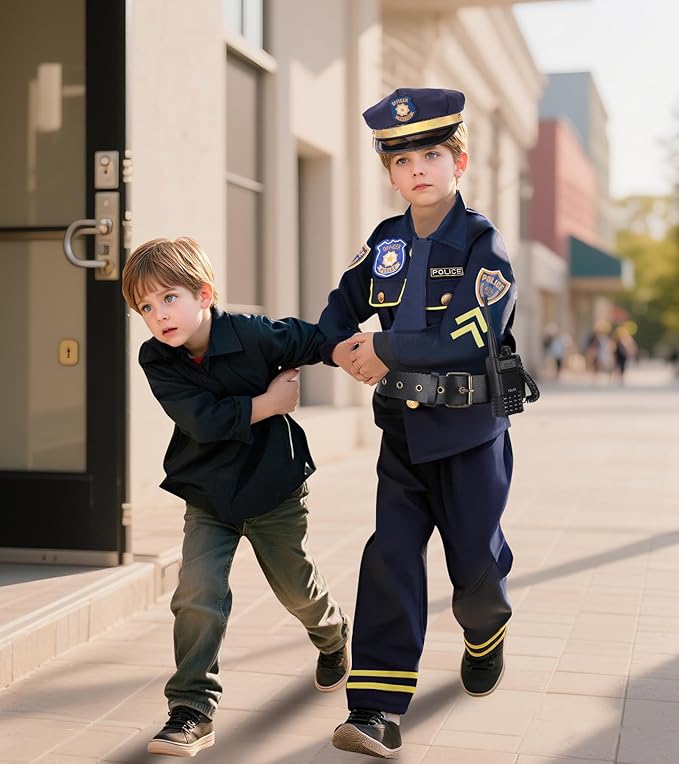 LOYO Police Costume for Kids - Boys Police Officer Costume with Light Up Hat, Halloween Kids Cop Uniform Dress Up Ages 3-12(XL,10-12 Years)