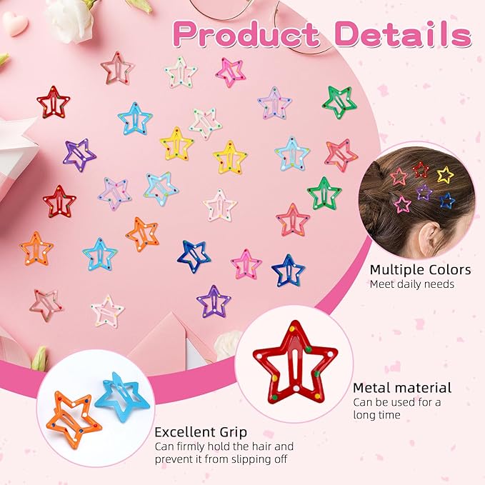 28Pcs Star Hair Clips Y2K Polka Dot Cute Star Hair Clips for Women Snap Metal Stars Barrettes for Long Short Curly Thin Thick Hair Bulk Colorful Kawaii Hair Accessories for Girls Styling Tools