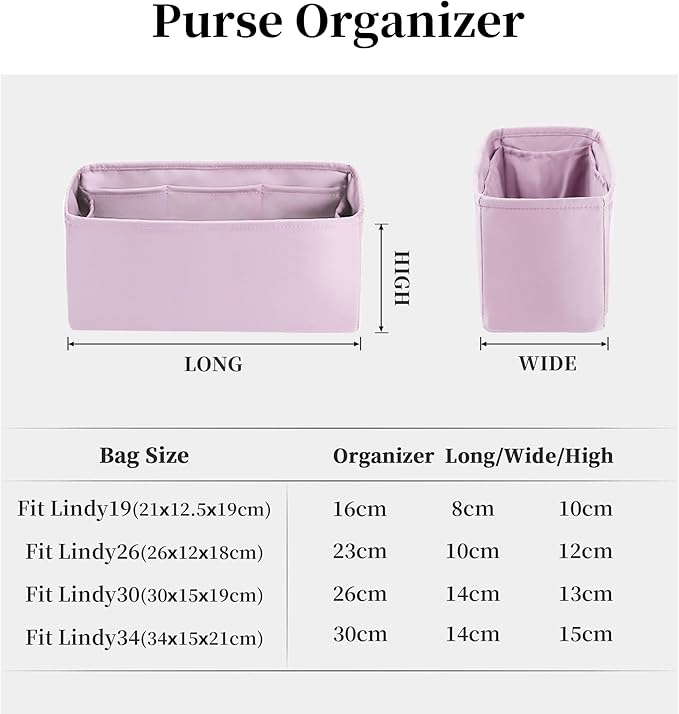 Bag Insert for Lindy 19, Lightweight Purse Organizer for Luxury Bags, Satin Fabric Inner Handbag Organizers with Pockets (Mauve Sylvestre, Mini)