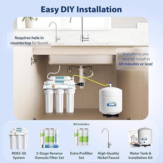 APEC Water 5-Stage Under Sink Reverse Osmosis Water Filter System with Extra High Capacity Pre-Filter Set, Essence Series, WQA Certified, 50 GPD, Removes 99.99% of Contaminants, Home Water Filtration