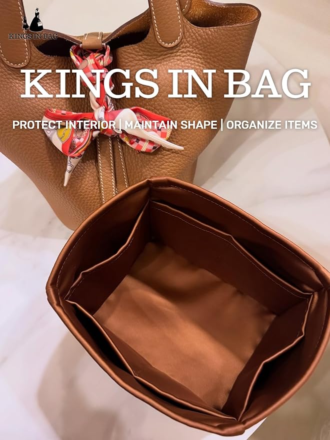Purse Organizer Insert for Picotin 18/22, Satin Bag Organizer for Picotin Bags, Lightweight Purse Essentials for Women Luxury Handbags, Soft Touch Inner Liner with Multiple Pockets (Gold, PC18)