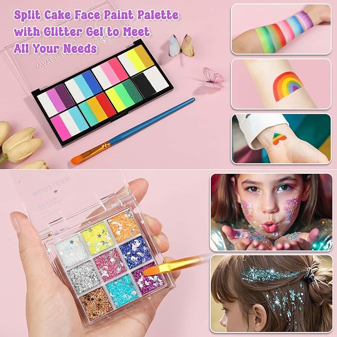 Kids Face Painting Kit with Organizer Box - Rainbow Color Non Toxic & Washable Face Paint Set with Stencils, Brush & Gems Kids Party Makeup for Halloween, Carnival & Costume