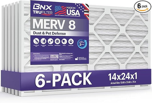 BNX TruFilter 14x24x1 Air Filter MERV 8 (6-Pack) - MADE IN USA – Dust & Pet Defense Air Conditioner HVAC AC Furnace Filters for Dust, Pet, Mold, Pollen MPR 600 – 700 & FPR 5