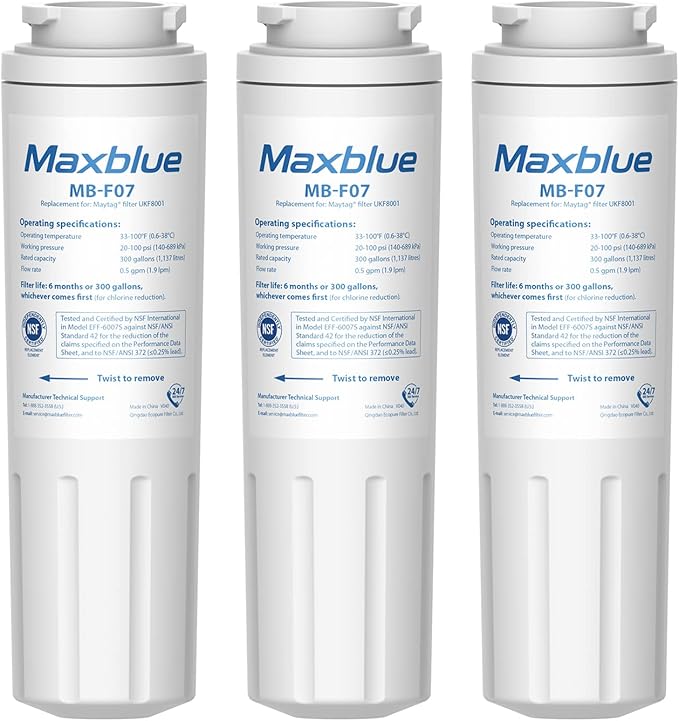 Maxblue UKF8001 Refrigerator Water Filter, Replacement for Maytag UKF8001, EDR4RXD1, EveryDrop® Filter 4, Whirlpool® 4396395, UKF8001AXX-200, Kenmore 469006, 469992, Puriclean II, Pack of 3
