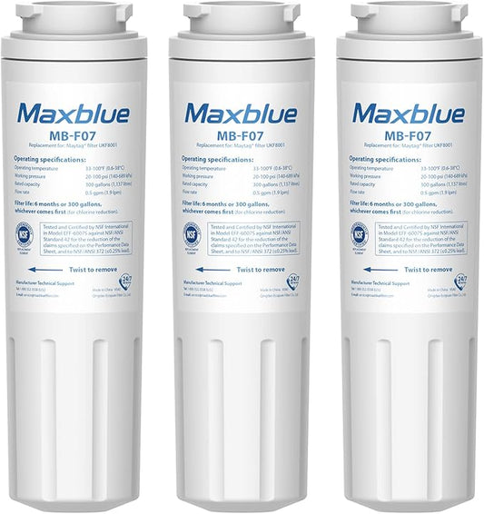Maxblue UKF8001 Refrigerator Water Filter, Replacement for Maytag UKF8001, EDR4RXD1, EveryDrop® Filter 4, Whirlpool® 4396395, UKF8001AXX-200, Kenmore 469006, 469992, Puriclean II, Pack of 3